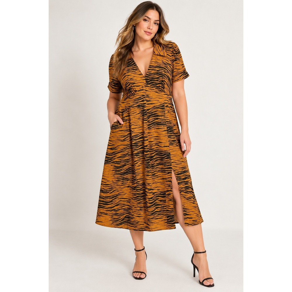 ASOS Tiger Print Midi Dress Orange Black V-Neck Collared Short Sleeve US 16